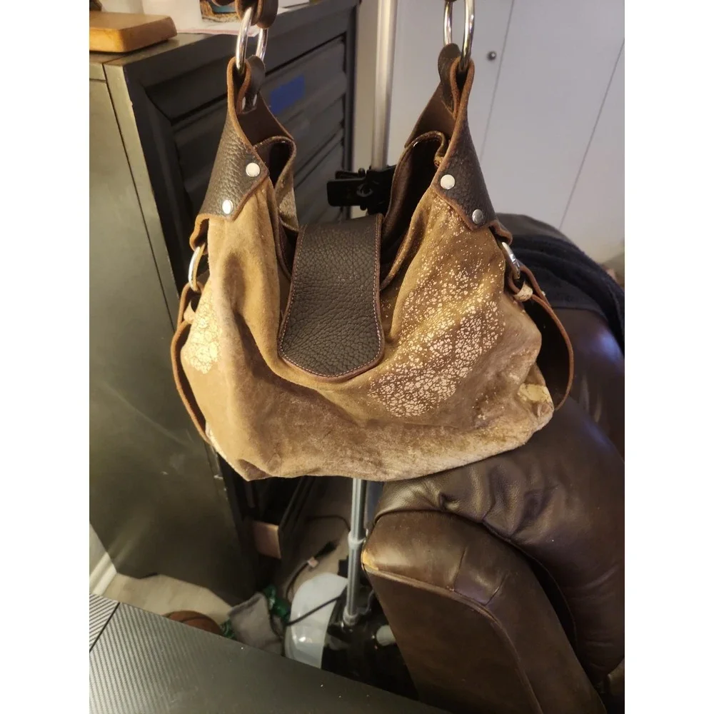 Vtg Tylie Malibu Distressed Crackle Metallic Suede Hobo Bag with Leather Accents
